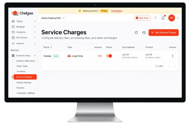 Chefgaa Service Charges admin screen with an auto-applied large-party gratuity