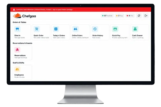 Chefgaa POS home screen - Dine In, Quick Order, Online Orders and more
