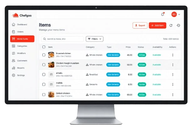 Chefgaa menu items list showing 420 managed items with pricing and status