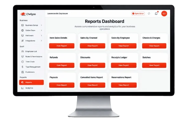 Chefgaa Reports Dashboard with sales, refunds and payout reports