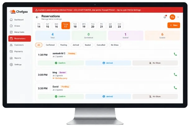 Chefgaa Reservations calendar with pending, seated and confirmed bookings