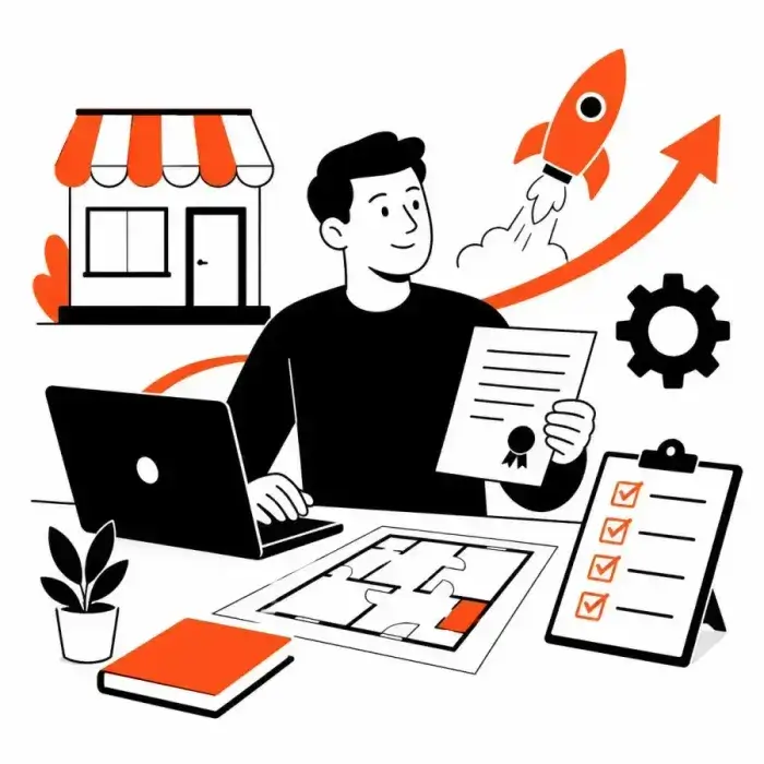Illustration of a restaurant owner at a laptop configuring their business, with a storefront, floor plan, settings gear and growth arrow
