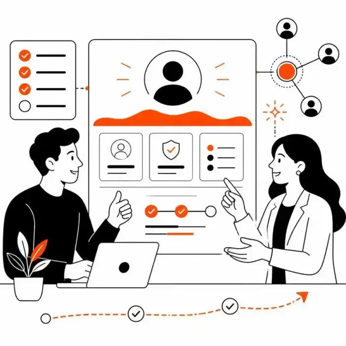 Illustration of two people setting up a new restaurant account on a profile screen beside a completed onboarding checklist
