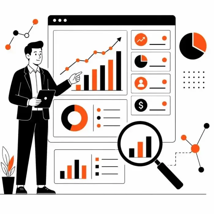 Illustration of a manager presenting a reports dashboard with sales bar charts, pie charts and a magnifying glass