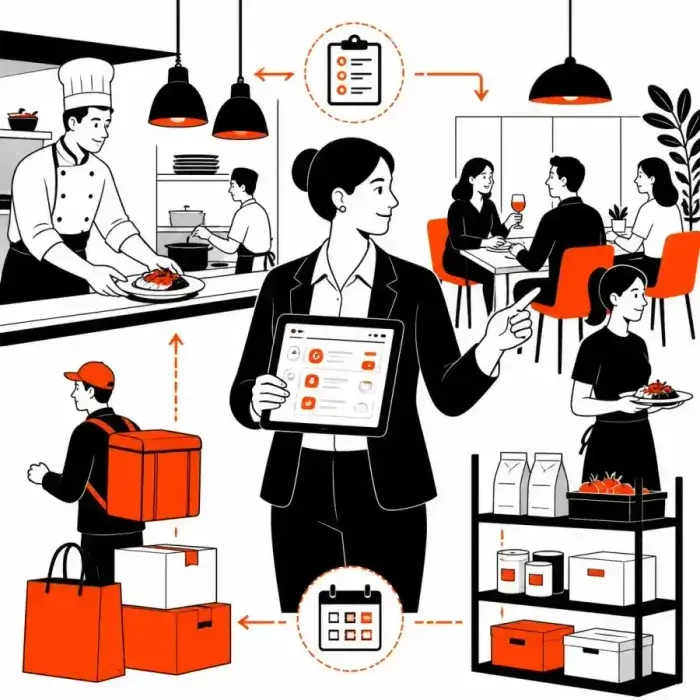 Illustration of a restaurant manager with a tablet connecting the kitchen, dining room, delivery and stock room into one workflow